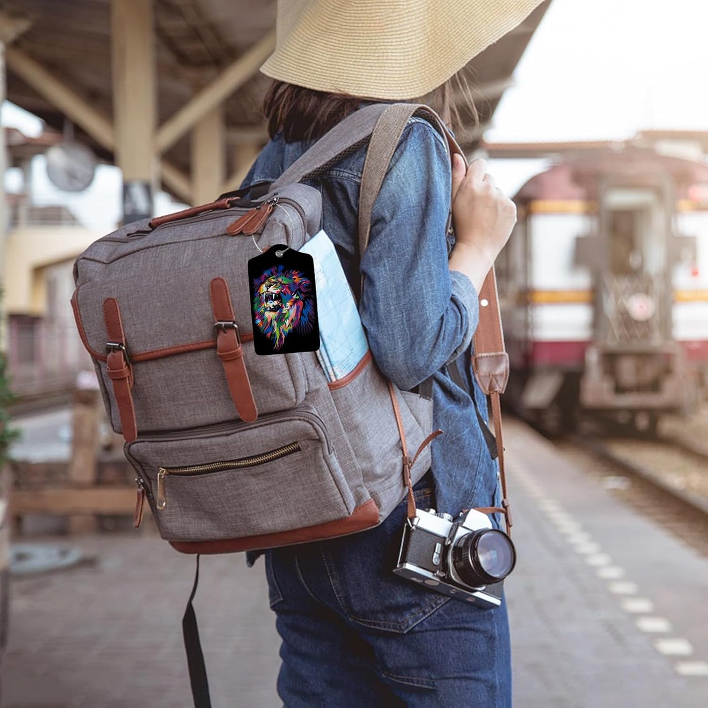 Colorful Lion's Roar Luggage Tags for Suitcases,2 Pack Luggage Tag, Leather Stainless Steel Loop Label Tag for Women Girl Travel Bag Suitcase