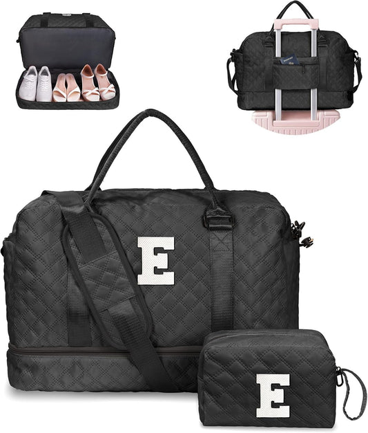 Initial Duffle Bag with Shoe Compartment, Personalized Weekender Bag with Shoulder Strap, Overnight Bag for Women with Trolley Sleeve & Wet Pocket, Travel Bag with Makeup Bag (Letter E)
