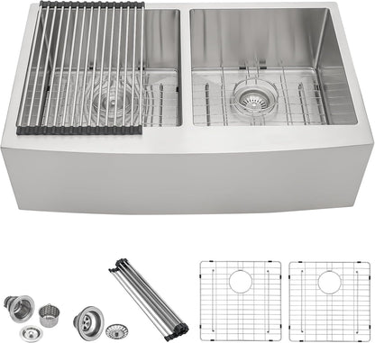 36 Farmhouse Sink Stainless Steel - Lordear 36 inch Kitchen Sink Double Bowl 50/50 Stainless Steel 16 Gauge Apron