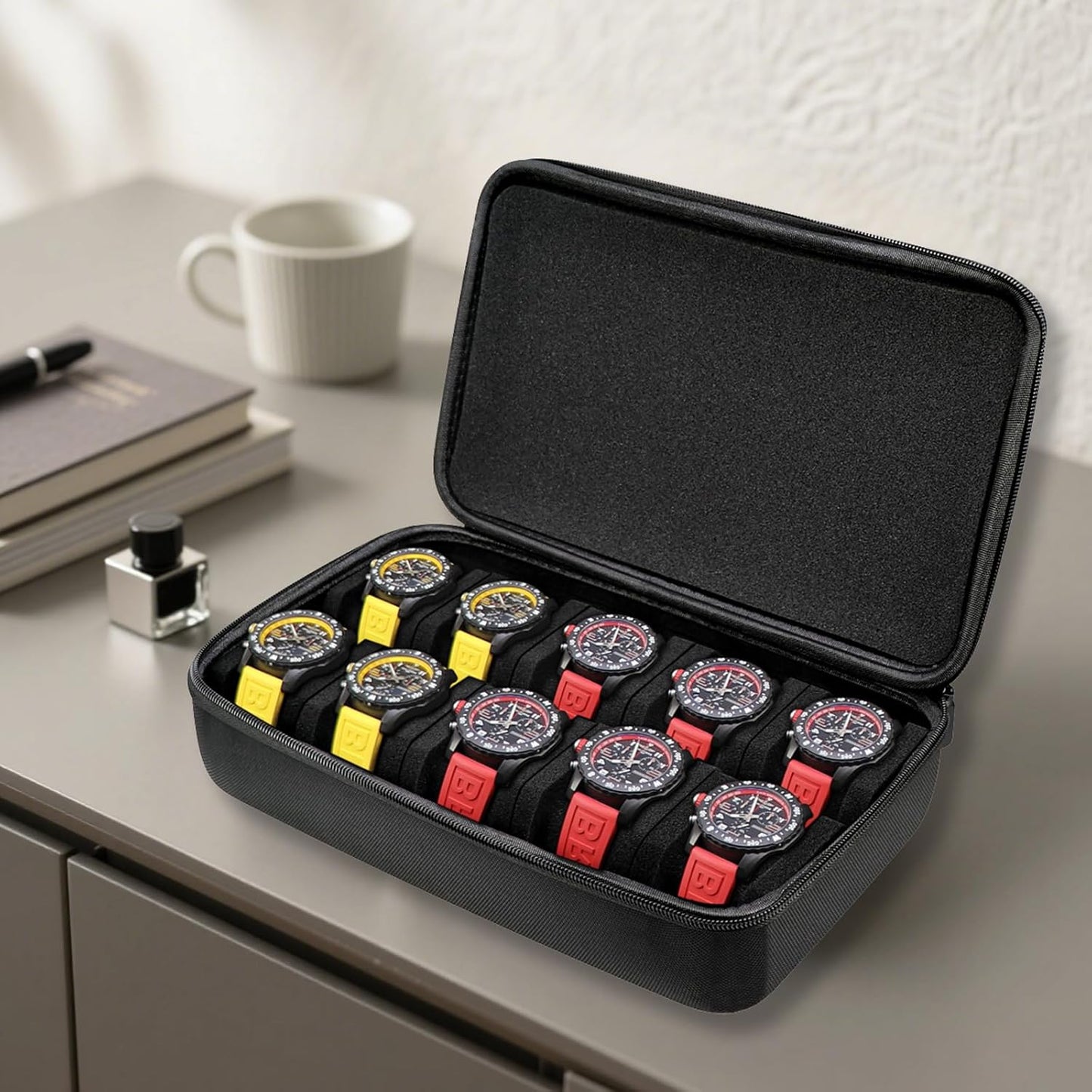 Juntan 10 Slots Hard Watch Travel Case, Portable Nylon Zipper Storage Organizer Box for Men Women with Soft Compressible Foam Pillow Black