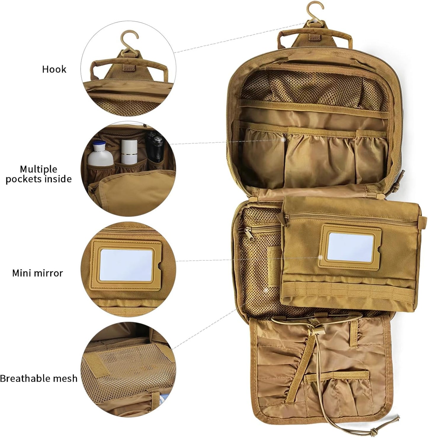 Toiletry Bag for Men, Travel Hanging Hook Toiletry Bag, Spacious Portable Organizer Dopp Kit Shaving Bag for Toiletries Makeup Accessories Tactical Essentials - Khaki