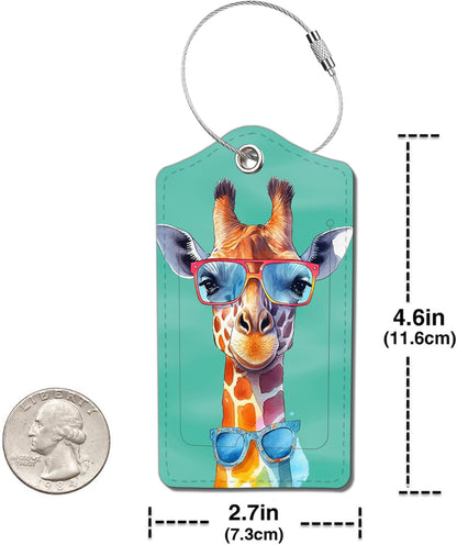 2 Pack Luggage Tag for Suitcase, Cute Unique Leather Bag Tags Identifiers Privacy Cover ID Label with Durable Steel Loop for Women Men Kids Girls Travel，GiraffeF