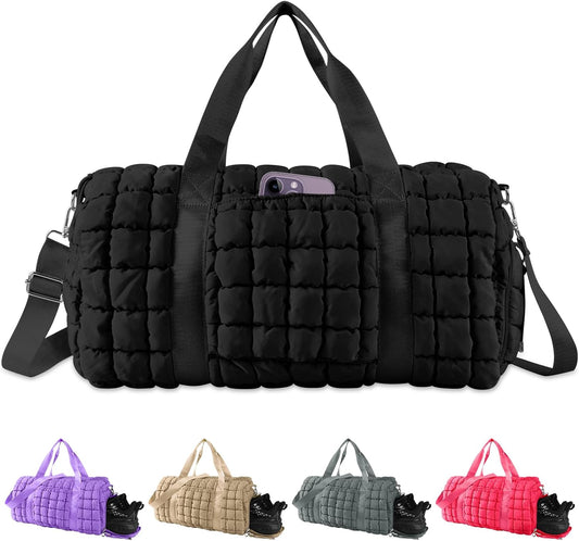 Quilted Travel Duffle Bag Gym Bag for Women,Large Puffer Duffle Weekender Bag with Compartment,Workout Overnight Carry on Organizer Bag Duffle Bag for Airplane Travel(Black)