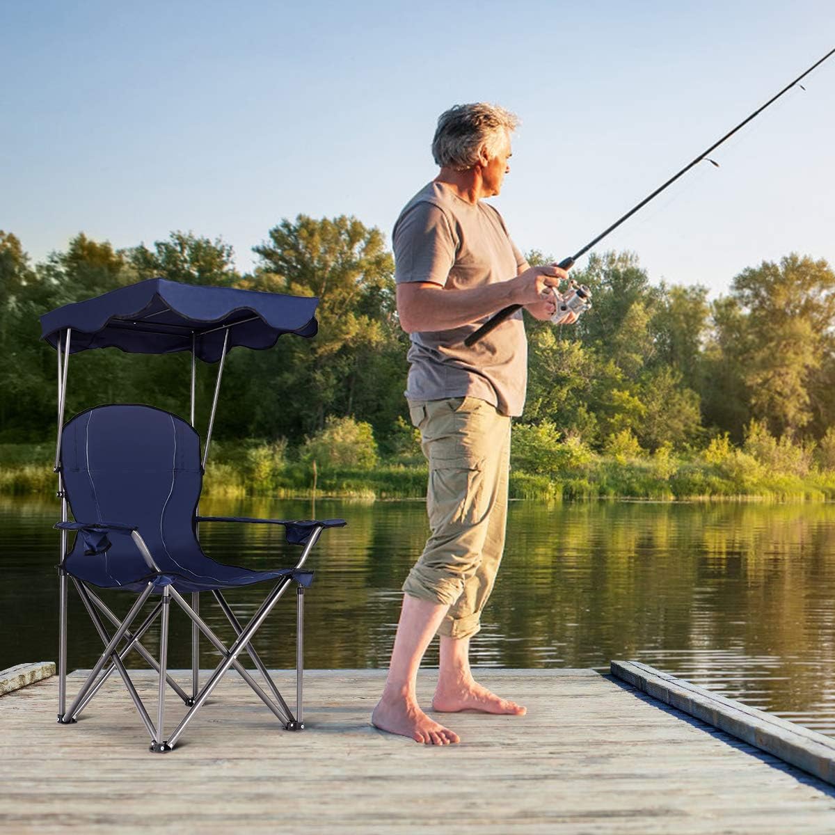 S AFSTAR Safstar Folding Camping Chair with Canopy, Portable Lawn Beach Canopy Chair with Cup Holder & Carry Bag, Load Bearing Up to 265LBS, Folding Chair for Outside Outdoor Travel Hiking Fishing