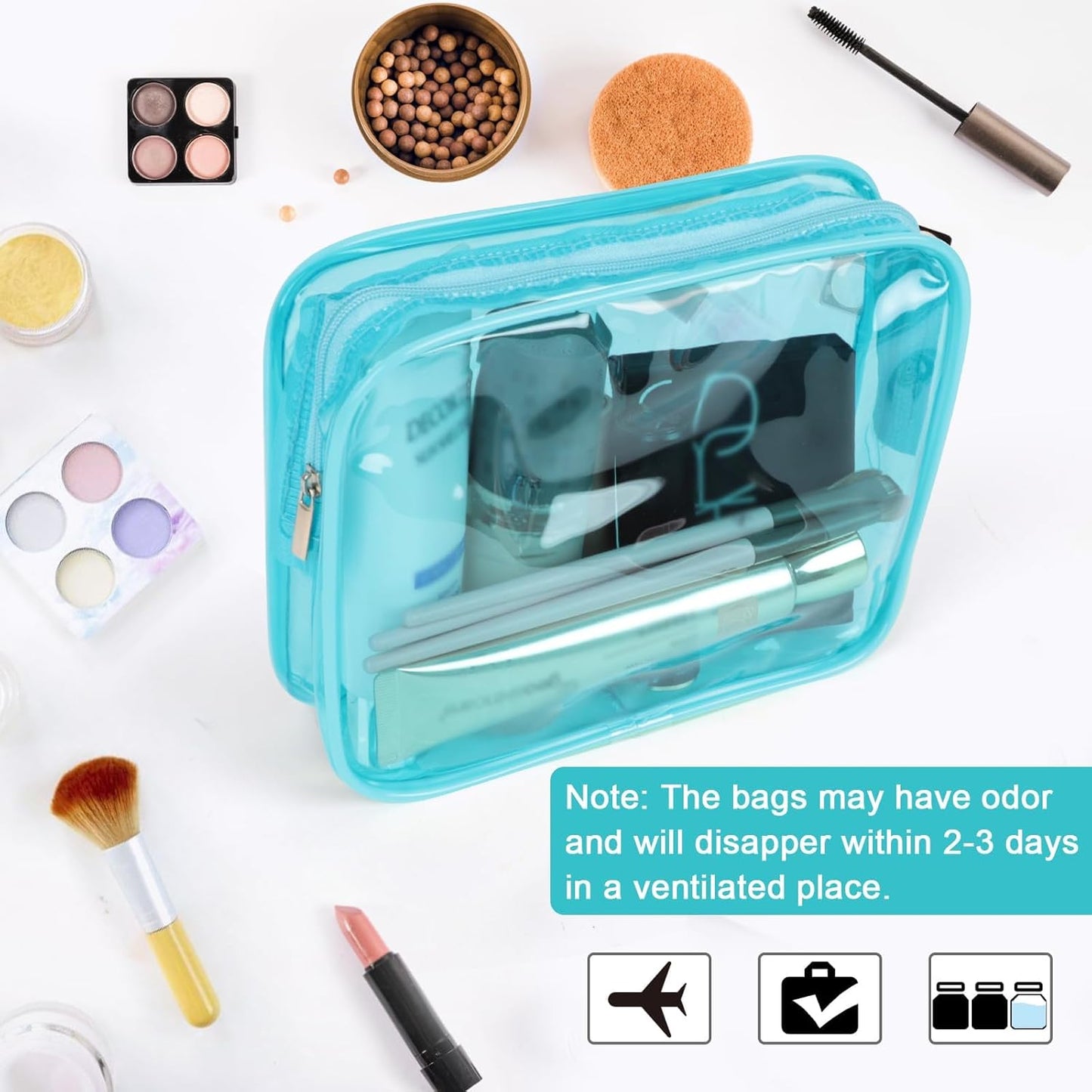 APREUTY Clear Makeup Bags, TSA Approved 6 Pcs Cosmetic Makeup Bags Set Clear PVC with Zipper Handle Portable Travel Luggage Pouch Airport Airline Vacation Organization(Light Blue)