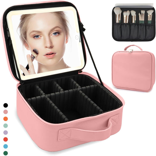 Travel Makeup Bag with LED Lighted Mirror, Travel Makeup Organizer,3 Color Setting Cosmetic Makeup Box, Adjustable Dividers and Brush Holder（pink）