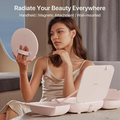 AMIRO M2 LumoCube Makeup Mirror with Bag - Portable LED Makeup Mirror with Lights, 5-Level Brightness, 3-Color Lights - Travel Makeup Organizer - Pink