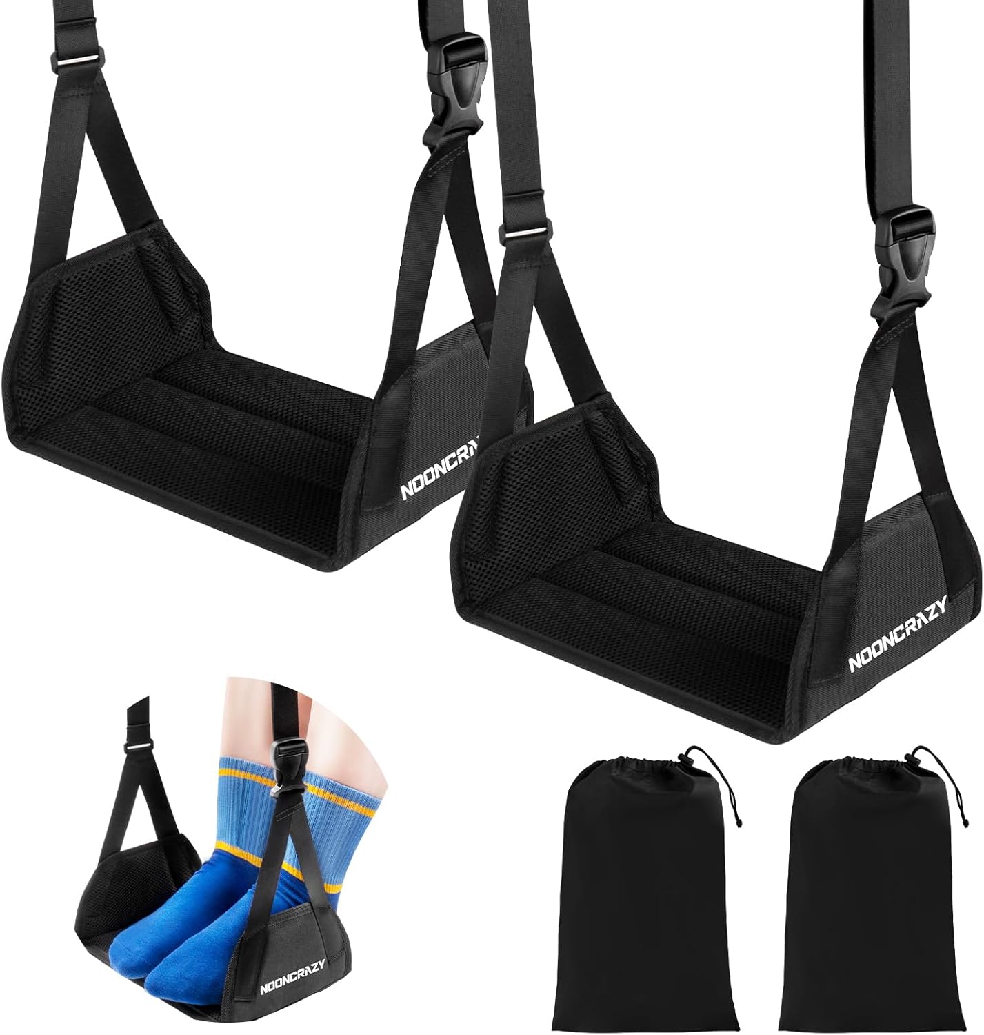 Airplane Foot Hammock, No Collapse Foot Rest for Plane Travel with Extended Adjustment Strap, Portable Desk Foot Hammock with Thickened Foam, Foot Sling Travel Essentials to Relax Your Feet(Black 2PC)
