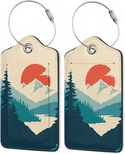 Luggage Tag for Suitcase, Mountain Sun Forest Design with Privacy Flap & Name ID Label & Metal Loop, 2 Pack