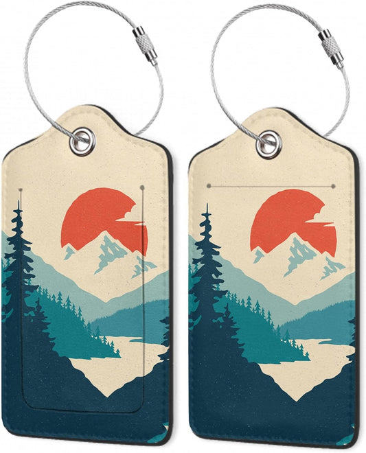 Luggage Tag for Suitcase, Mountain Sun Forest Design with Privacy Flap & Name ID Label & Metal Loop, 2 Pack