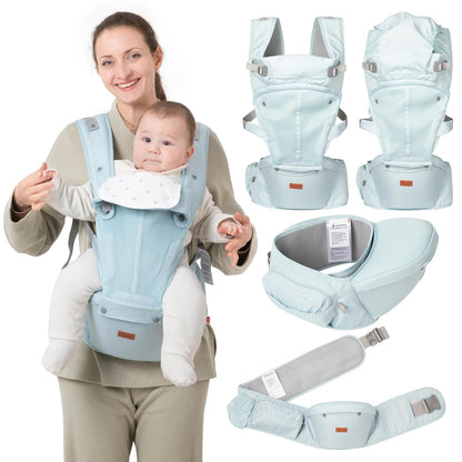 BabbleRoo Grow Carrier – 6-in-1 Baby Carrier with Hip Seat, Ergonomic, Cozy & Adjustable Toddler Carrier 7-50 lbs with Hip & Lumbar Support, Hood for Sun Protection, Newborn to Toddler, Seafoam