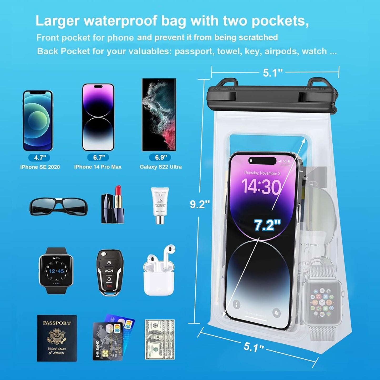 Large Waterproof Phone Pouch Floating, Universal Waterproof Phone Case for iPhone 14 Plus 13 Pro Max 12 11 Samsung S23 S22 up to 7.2'', IPX8 Water Proof Cell Phone Dry Bag for Beach Swimming