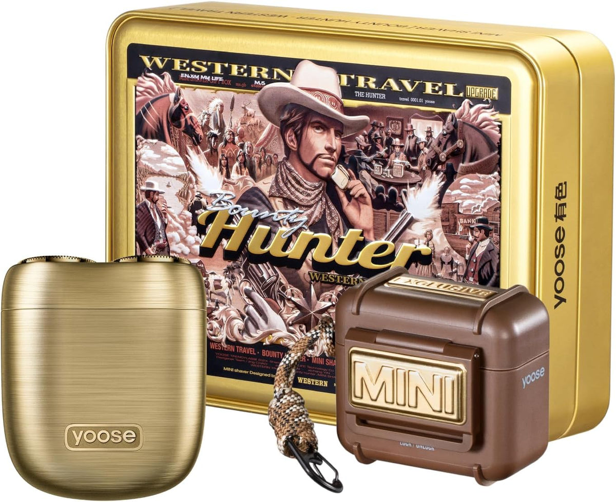yoose Bounty Hunter Mini Shaver Gift Set, Portable Alloy Travel Shavers, Cordless Shaving, USB-C Rechargeable Electric Razor for Men, Dry Shave, IPX7 Waterproof, Easy Cleaning, Battery Indicator, Gold