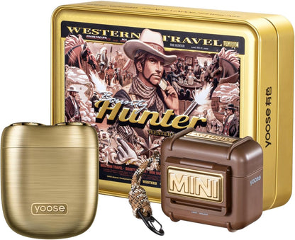 yoose Bounty Hunter Mini Shaver Gift Set, Portable Alloy Travel Shavers, Cordless Shaving, USB-C Rechargeable Electric Razor for Men, Dry Shave, IPX7 Waterproof, Easy Cleaning, Battery Indicator, Gold
