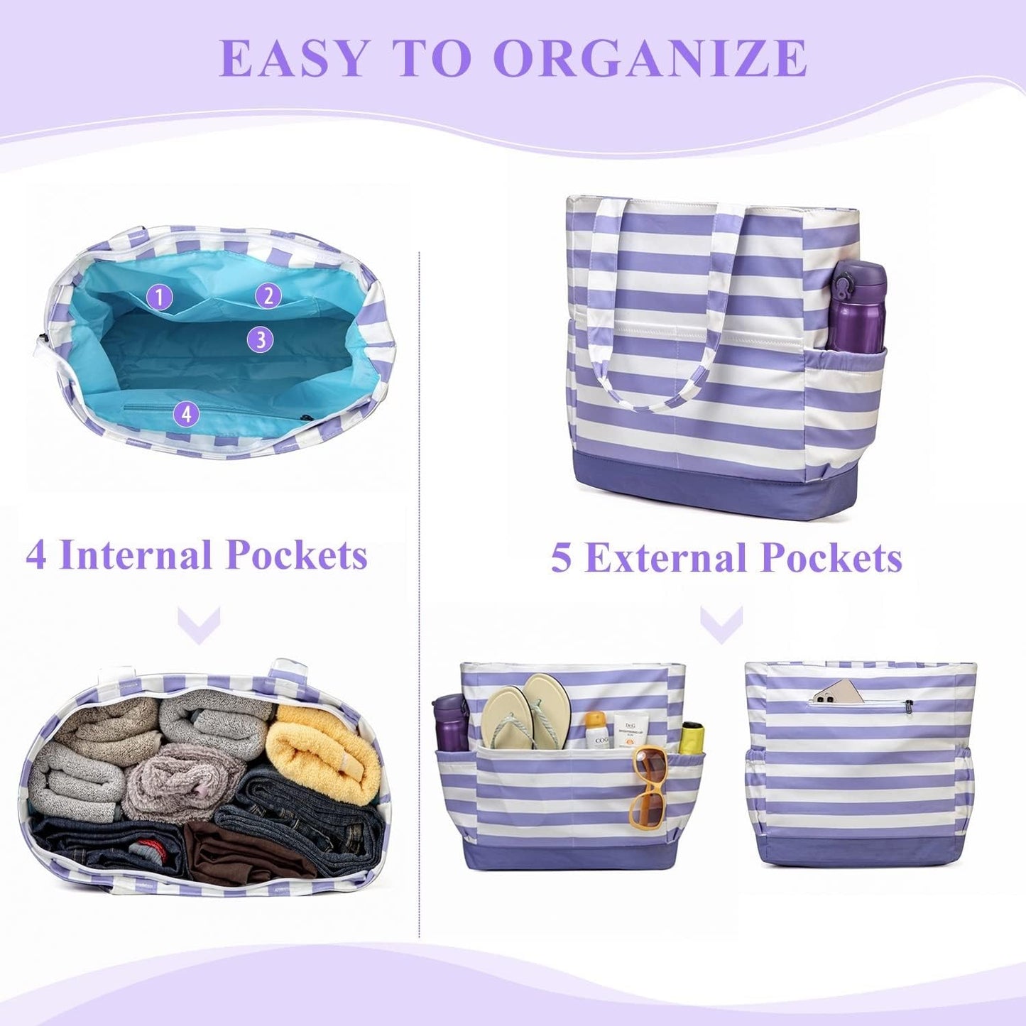 VASCHY Beach Bag for Women, Large Waterproof Sandproof Fold-able Packable Pool Tote Bag w Zipper/Pockets