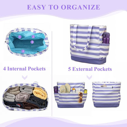 VASCHY Beach Bag for Women, Large Waterproof Sandproof Fold-able Packable Pool Tote Bag w Zipper/Pockets