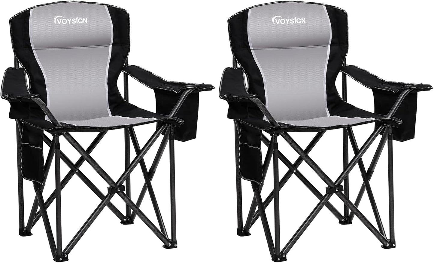 Padded Camping Chairs for Adults, Oversized Folding Outdoor Chairs, Weight Capacity 475lbs, with Cooler Bag, Cup Holder, Storage Pocket Carry Bag (Black - 2 Pack)