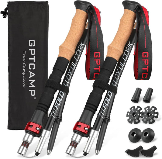 GPTCAMP Nordic Walking Stick, TPZ-1, 2pc Folding Collapsible Hiking Poles with Metal Quick Lock, Cork Handle, Lightweight 7075 Aluminum Trekking Poles for Seniors Women Men Hiking Gear