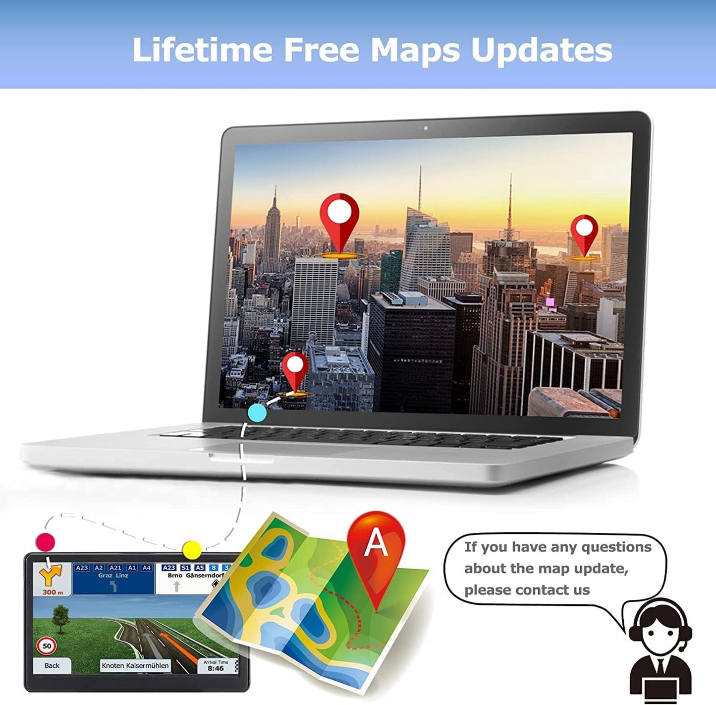 GPS Navigator for Car Truck RV, Latest 2025 Map, 7 inch Touch Screen Real Voice Spoken Turn-by-Turn Direction Reminding Navigation System for Cars, Vehicle GPS with Speed and Red Light Warning