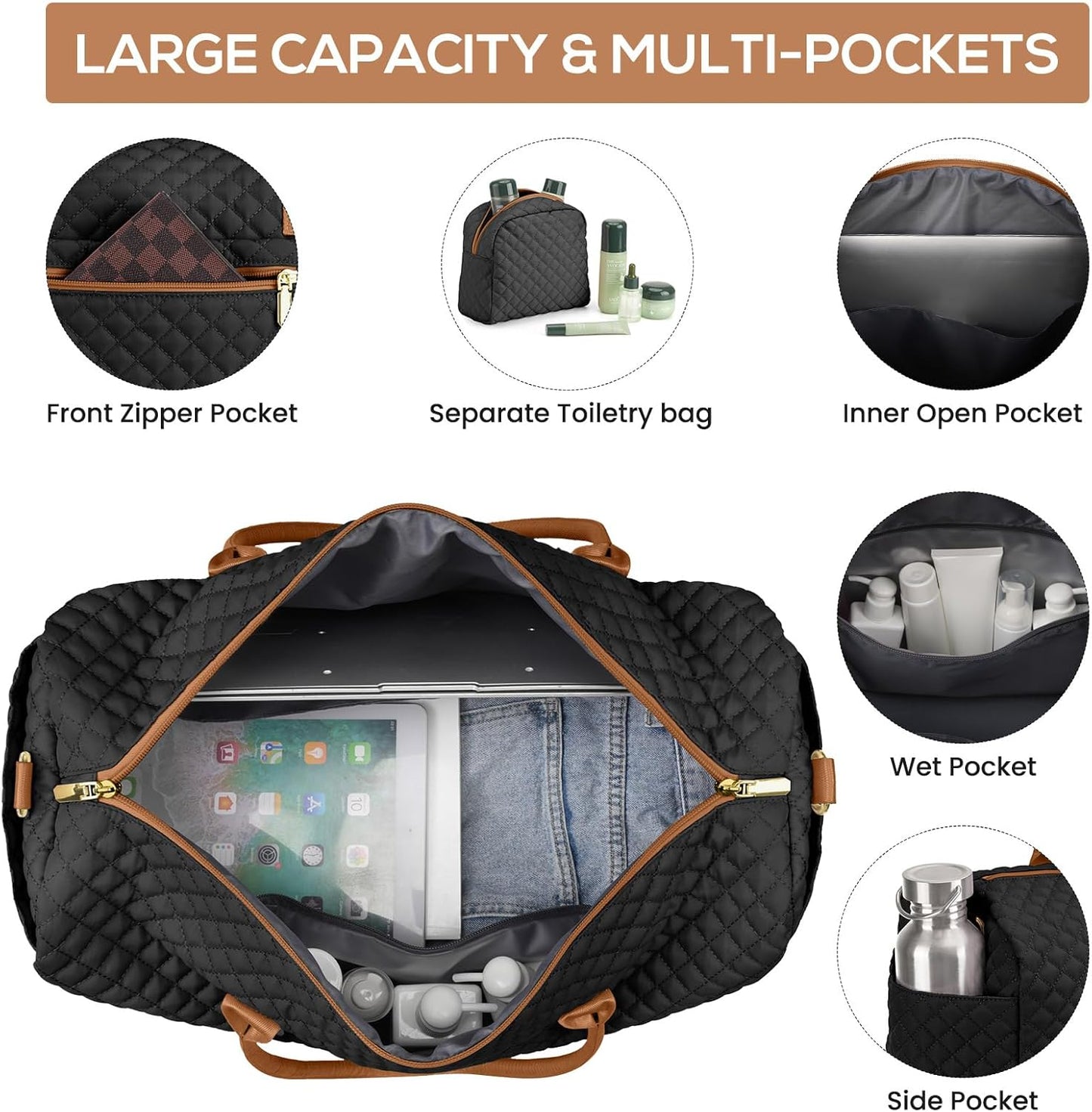 Travel Bag Weekender Bags for Women - Carry on Overnight Bag with Shoe Compartment Duffle Bag with Laptop Pocket Hospital Bag for Labor Delivery Gym Tote Bag with Toiletry Bag Black Brown