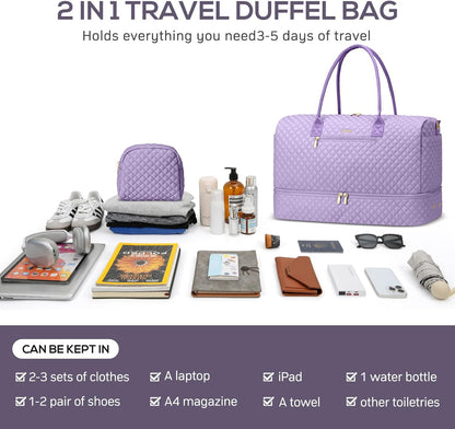 Travel Bag Weekender Bags for Women - Carry on Overnight Bag with Shoe Compartment Duffle Bag with Laptop Pocket Light Purple