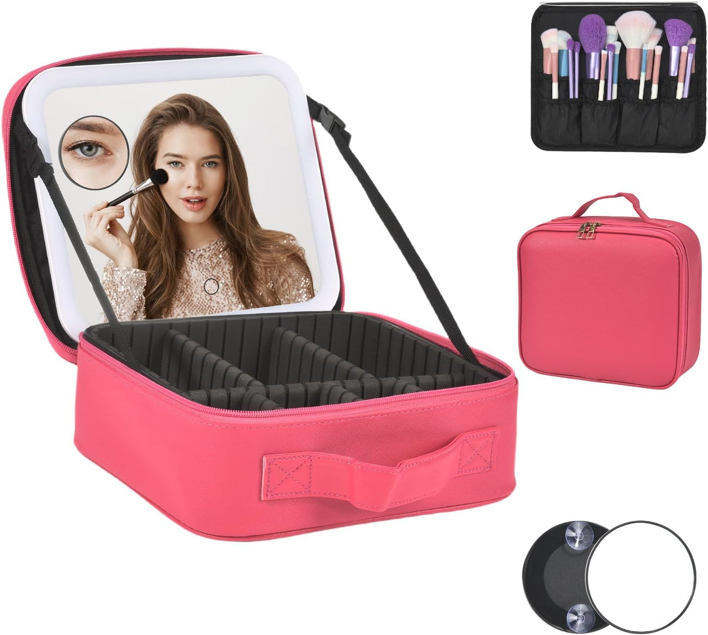 Travel Makeup Bag With LED Mirror,Cosmetic Train Case with 3 Color Setting,Cosmetic Makeup Organizer Bag with Adjustable Dividers,Portable Make up Box with Make up Brushes Holder Storage(Rose)