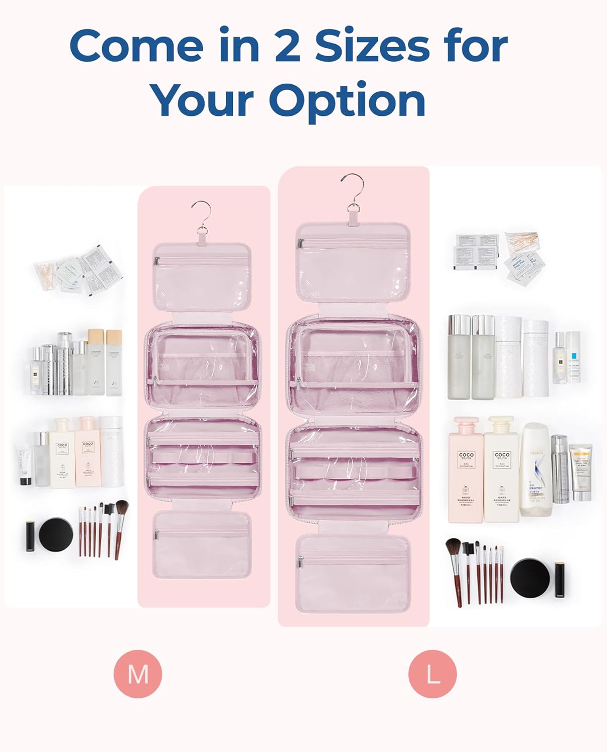 BAGSMART Travel Toiletry Bag with Jewelry Organizer, Hanging Travel Bag for Toiletries, Puffy Makeup Cosmetic Bag Organizer, Carry-on Travel Accessories Essentials, Pink-L