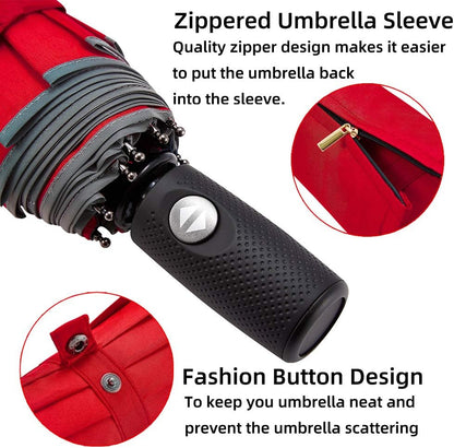 FDJASGY Windproof Travel Umbrella with Teflon Coating Auto Open Close Lightweight Sun&Rain Umbrella with 10 Rib Construction and Reflective Stripe Zipper Pouch