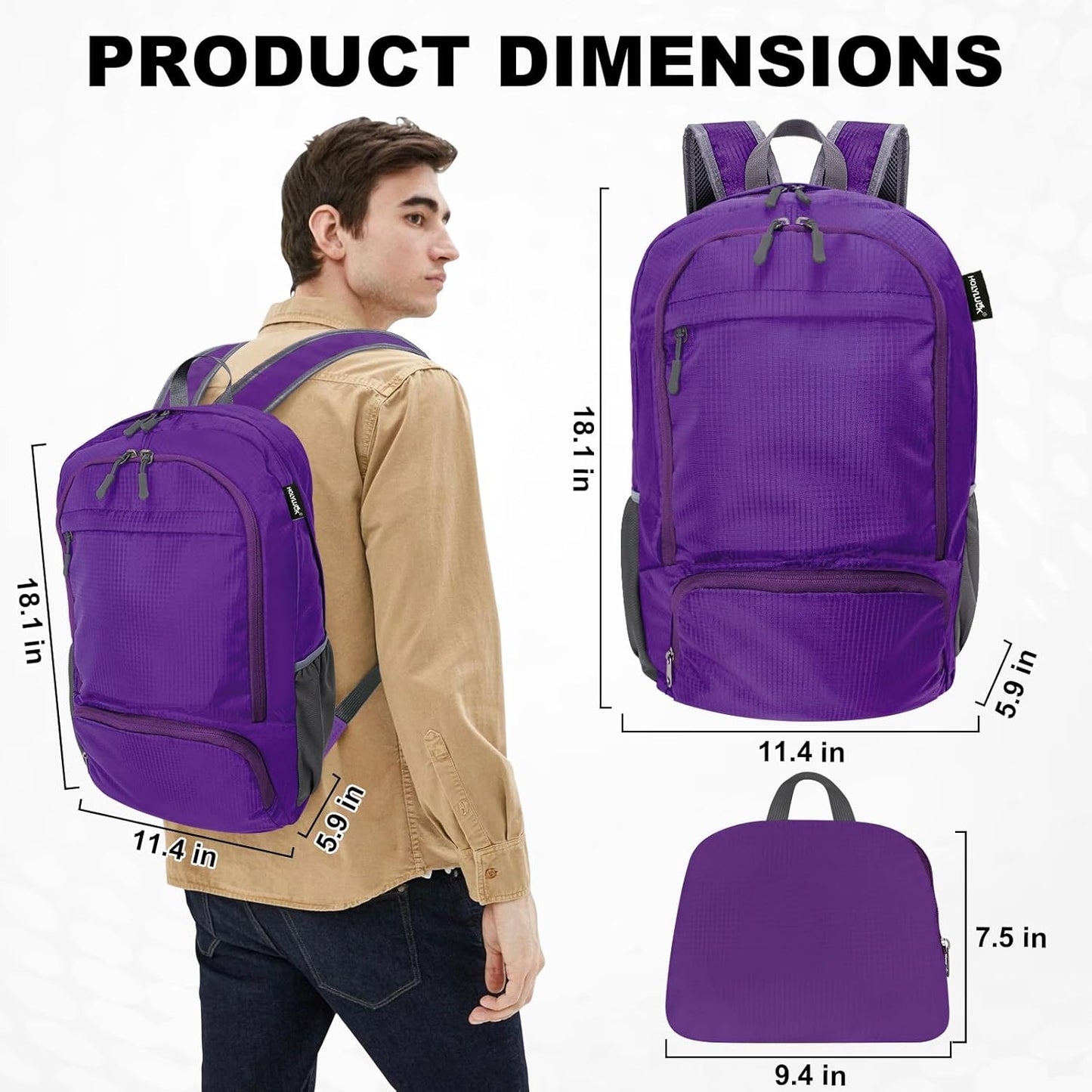 HOLYLUCK 20L lightweight packable Hiking Daypack Foldable Backpack for Men Women Small Travel Outdoor Foldable Shoulder Bag-purple
