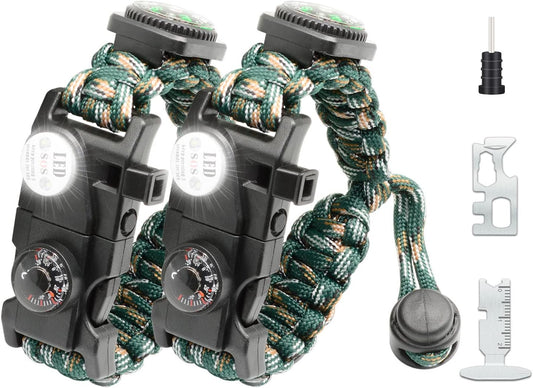 20 in 1 Survival Paracord Bracelet Adjustable Gear Kit with SOS LED Light, Fire Starter, Bigger Compass, Survival Whistle, Perfect for Camping, Hiking, Fishing
