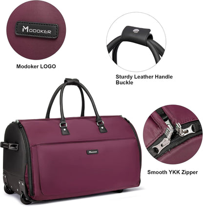 Modoker Rolling Garment Bags, Large Garment Duffle Bag with Wheels, 3 in 1 Garment Suit Luggage Bag for Women Men Business Travel Weekender, Red