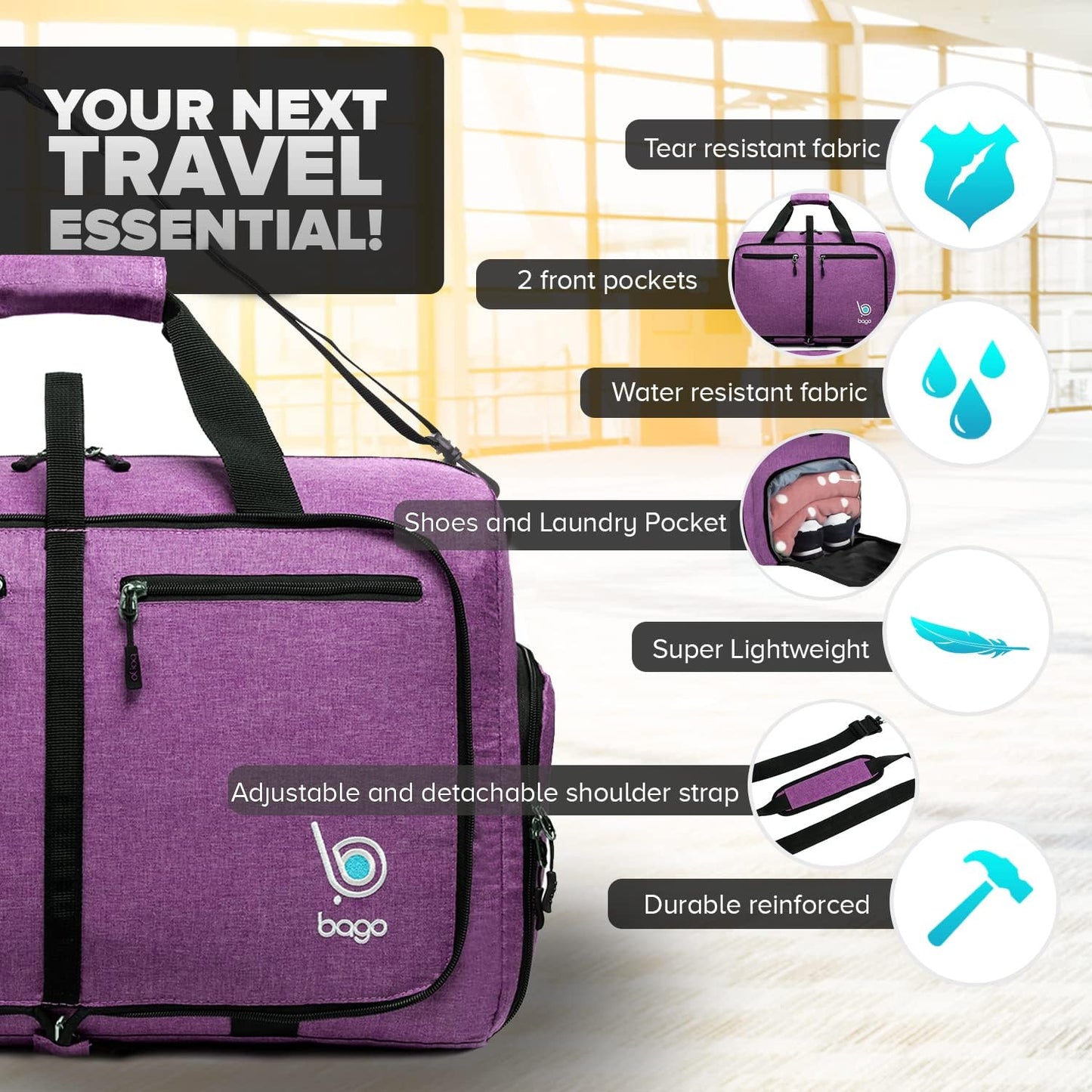 Bago Foldable Duffel Bags for Traveling Women & Men - 40L Sports Packable Duffle Bag for Travel with Shoe Compartment - Water Repellant, Heavy Duty, Lightweight Folding & Collapsible (SnowDepPurple)