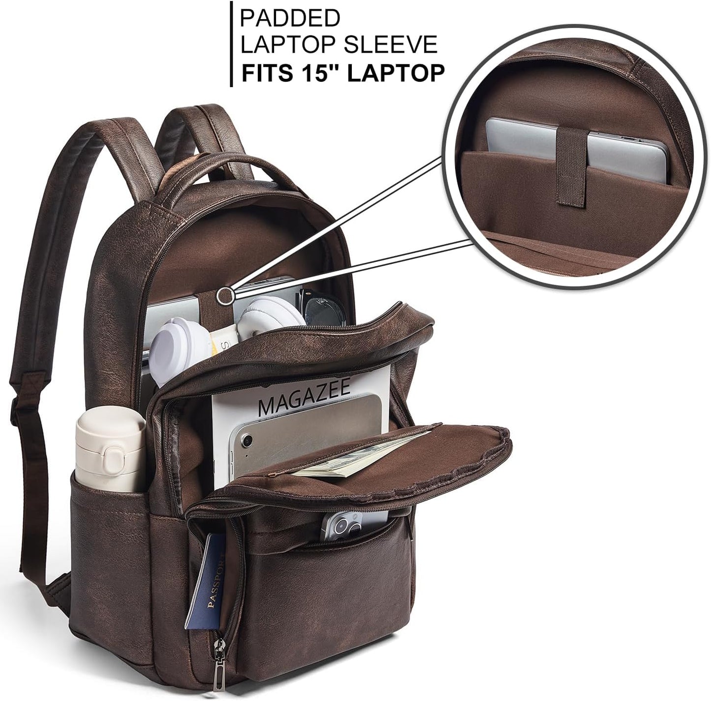 30L Business Laptop Backpack for Women Men, Travel Work Backpack Purse Faux Leather College Bookbag fits 15.6" Laptop - Coffee