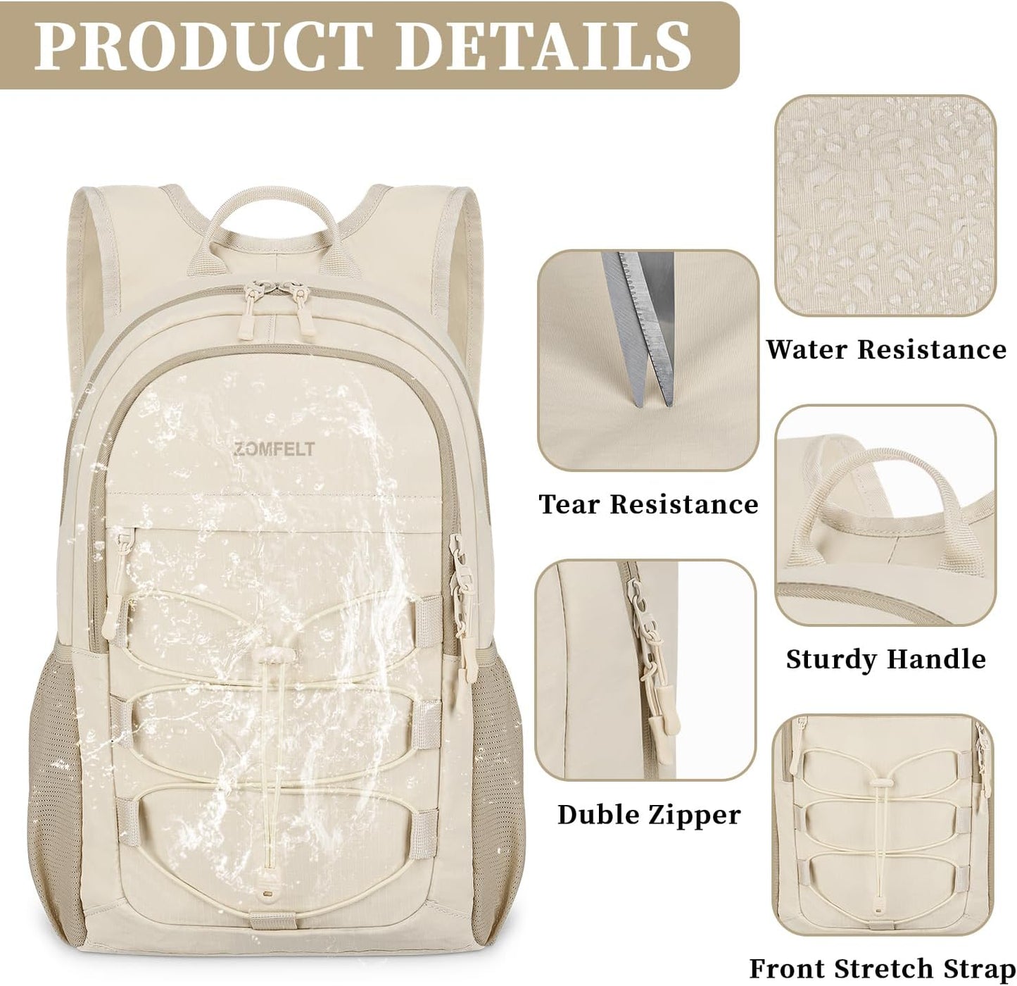 ZOMFELT Hiking Backpack for Women Men, 20L Lightweight Packable Backpacks for Trip, Water Resistant Small Travel Backpack, Foldable daypack for Hiking, Walking, Cycling, Camping, Beige