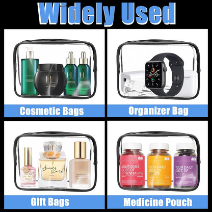 12 Pcs Clear Toiletry Bag PVC Waterproof Zippered PVC Cosmetic Makeup Carry Pouch TSA Approved Toiletry Bag for Travel Clear Organizer Storage Bags (Medium, Black)