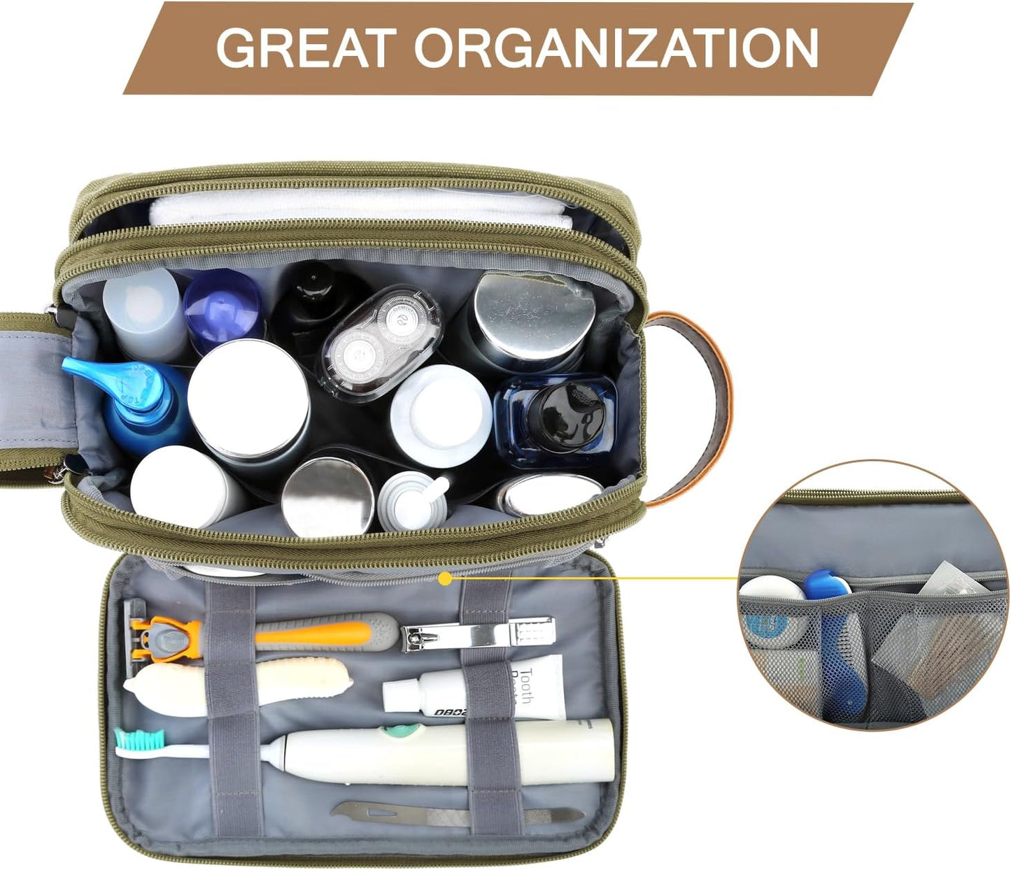 BAGSMART Toiletry Bag for Men, Canvas Travel Toiletry Organizer Dopp Kit Water-resistant Shaving Bag for Toiletries Accessories (Green, Medium)