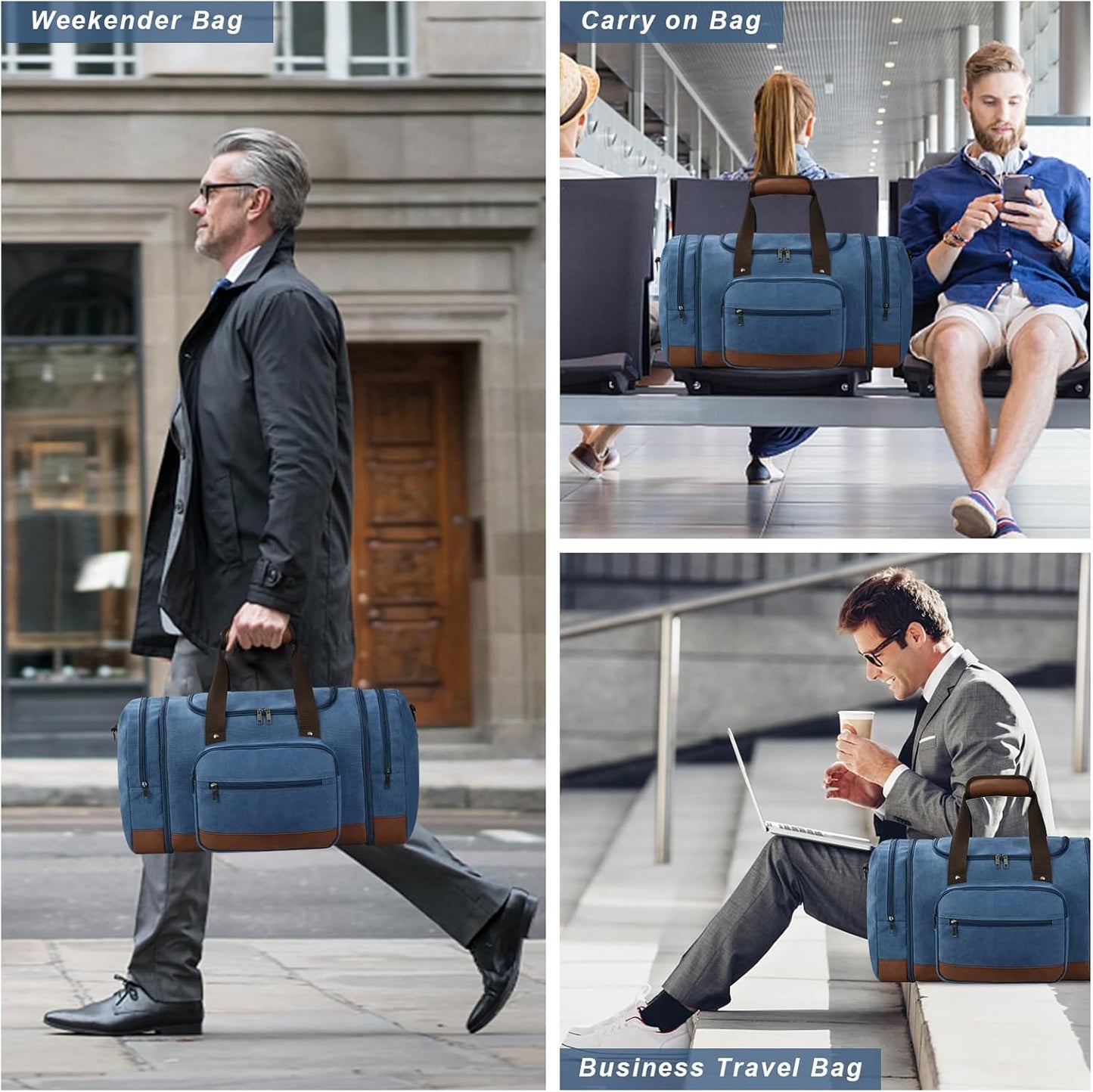 Litvyak Duffle Bag for Travel, 50L Canvas Travel Duffel Bags Overnight Weekend Gym Carry On Luggage Bag for Men & Womenn(Blue+Toiletry Bag)