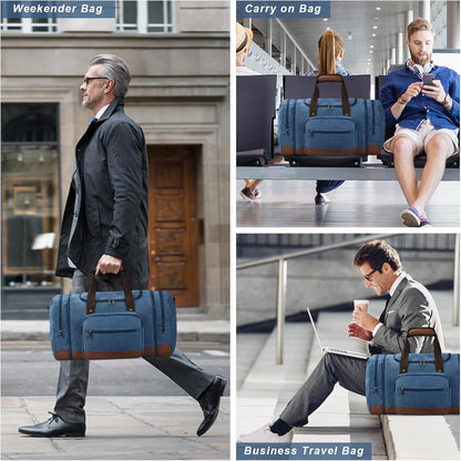 Litvyak Duffle Bag for Travel, 50L Canvas Travel Duffel Bags Overnight Weekend Gym Carry On Luggage Bag for Men & Womenn(Blue+Toiletry Bag)