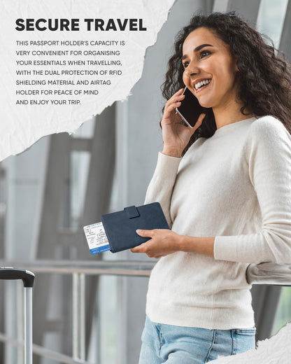 VULKIT Passport Holder with Airtag Holder RFID Blocking Passport Wallet Travel Leather Passport for Women(Navy)