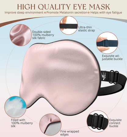 HiRui Silk Sleep Mask, 100% Natural Mulberry Silk of Double-Sided & Inner-Filling, Ultra-Smooth Soft, Adjustable Strap, Blocks Light for Night Sleeping, Travel, Office Naps (Pink)