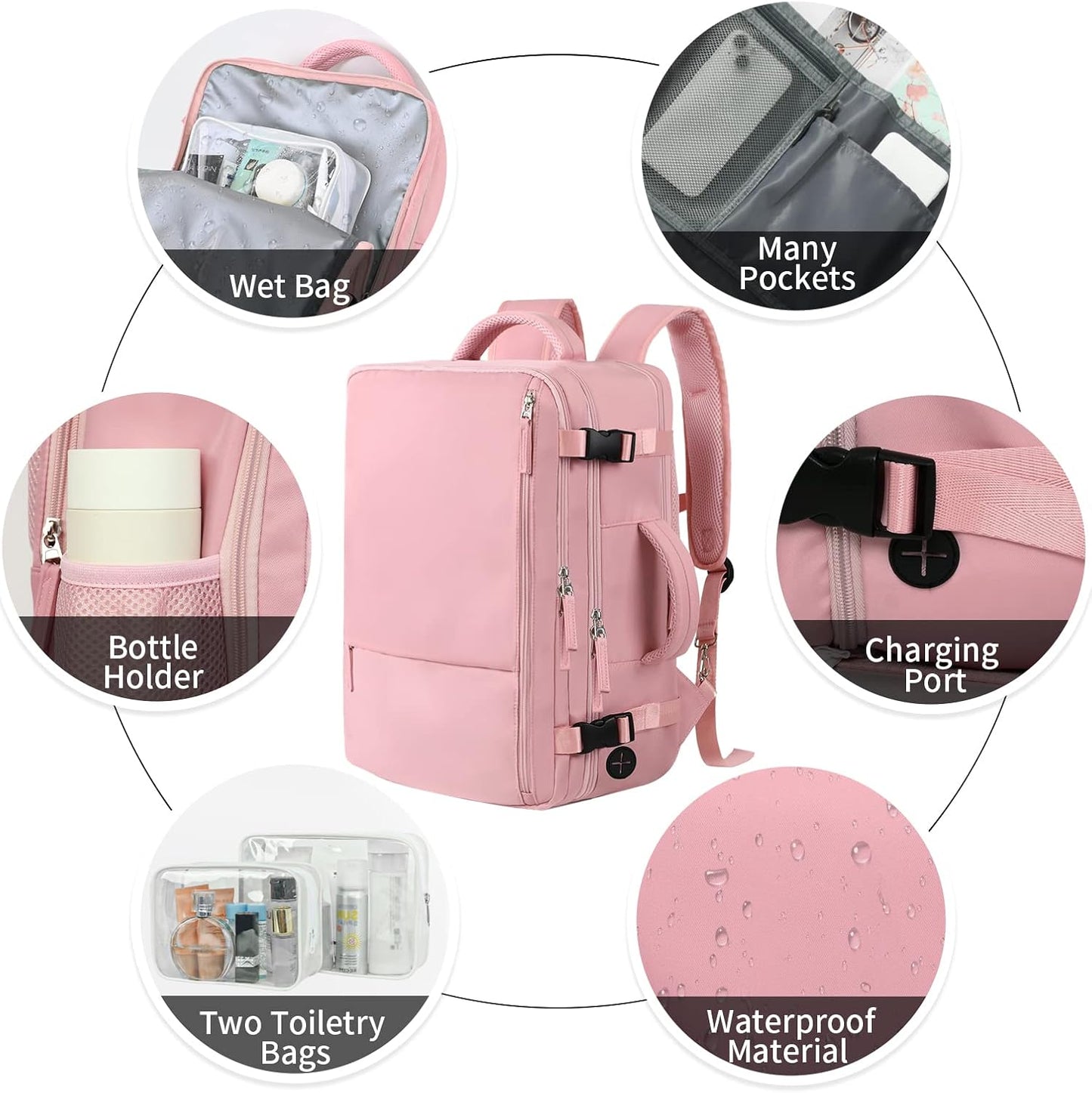 Hanples Carry on Travel Backpack for Women, Large 35L Personal Item Luggage Backpack,17 inch Laptop Backpack TSA Flight Approved, Travel Essentials Casual Daypack with 2 Toiletry Bags (Pink)