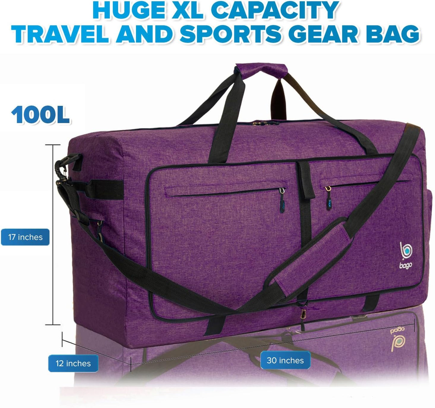 Bago Large Foldable Duffel Bags for Traveling Women & Men - 100L Packable Duffle Bag for Travel with Shoe Compartment - Water Repellant, Heavy Duty, Lightweight Folding & Collapsible (SnowDepPurple)