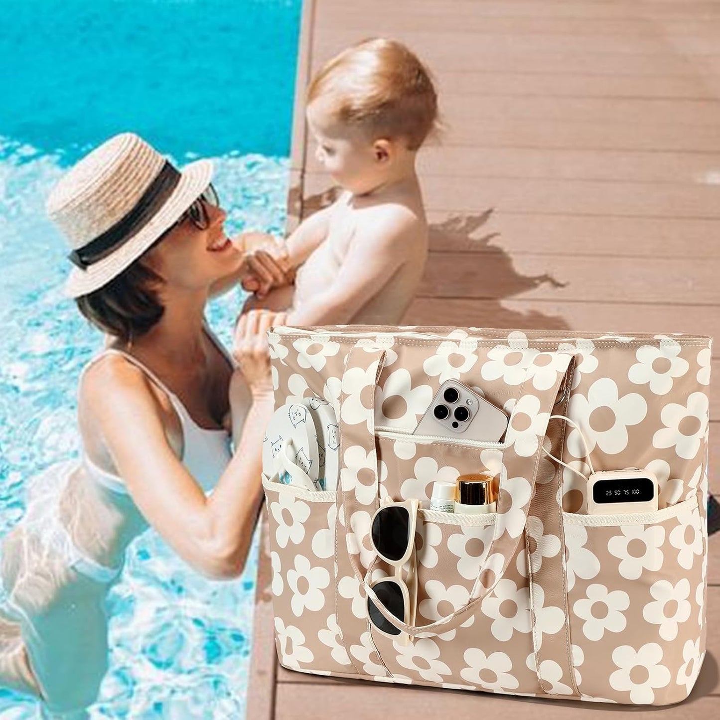 LEDAOU Beach Bags for Women, Beach Bags Waterproof Sandproof, Packable Beach Tote Bag with Zipper Travel Sports