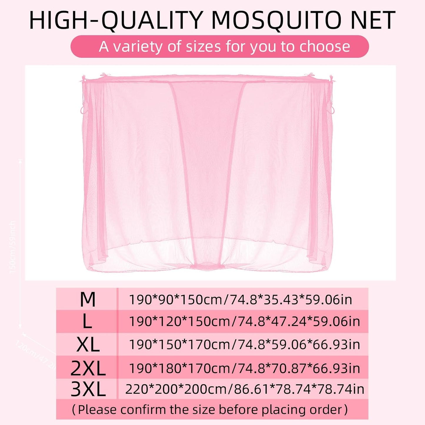 4 Corners Mosquito Net for Mosquiteros para Camas Bed Canopies Netting Bed Drapes Rectangular Mosquito Mesh for Camping Home Outdoor Travel(Pink,L75 X W47 X H59 Inch,Opening)