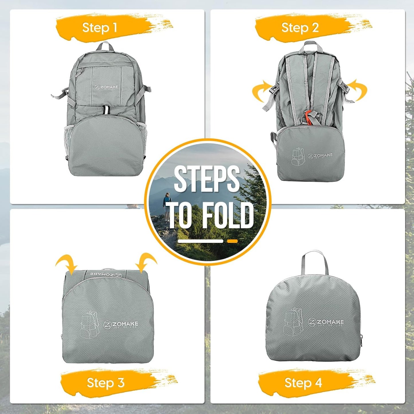 ZOMAKE Lightweight Packable Backpack 35L, Light Foldable Backpacks Water Resistant Collapsible Hiking Bag, Compact Folding Day Pack for Travel Camping(Sliver Grey)