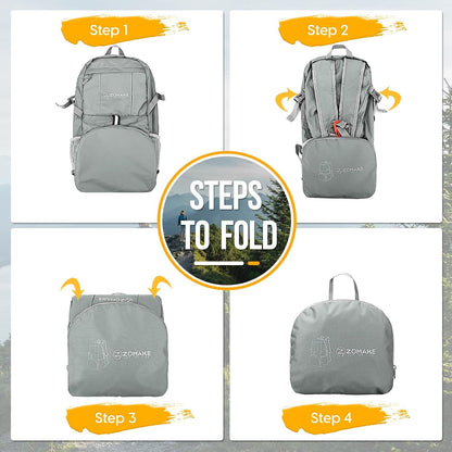 ZOMAKE Lightweight Packable Backpack 35L, Light Foldable Backpacks Water Resistant Collapsible Hiking Bag, Compact Folding Day Pack for Travel Camping(Sliver Grey)