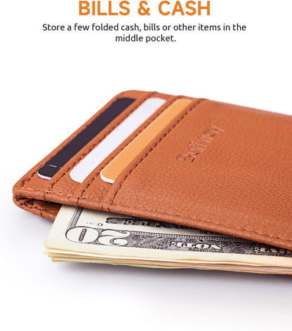 Buffway Mens Slim Wallet, Minimalist Thin Front Pocket Leather Credit Card Holder with RFID Blocking for Work Travel