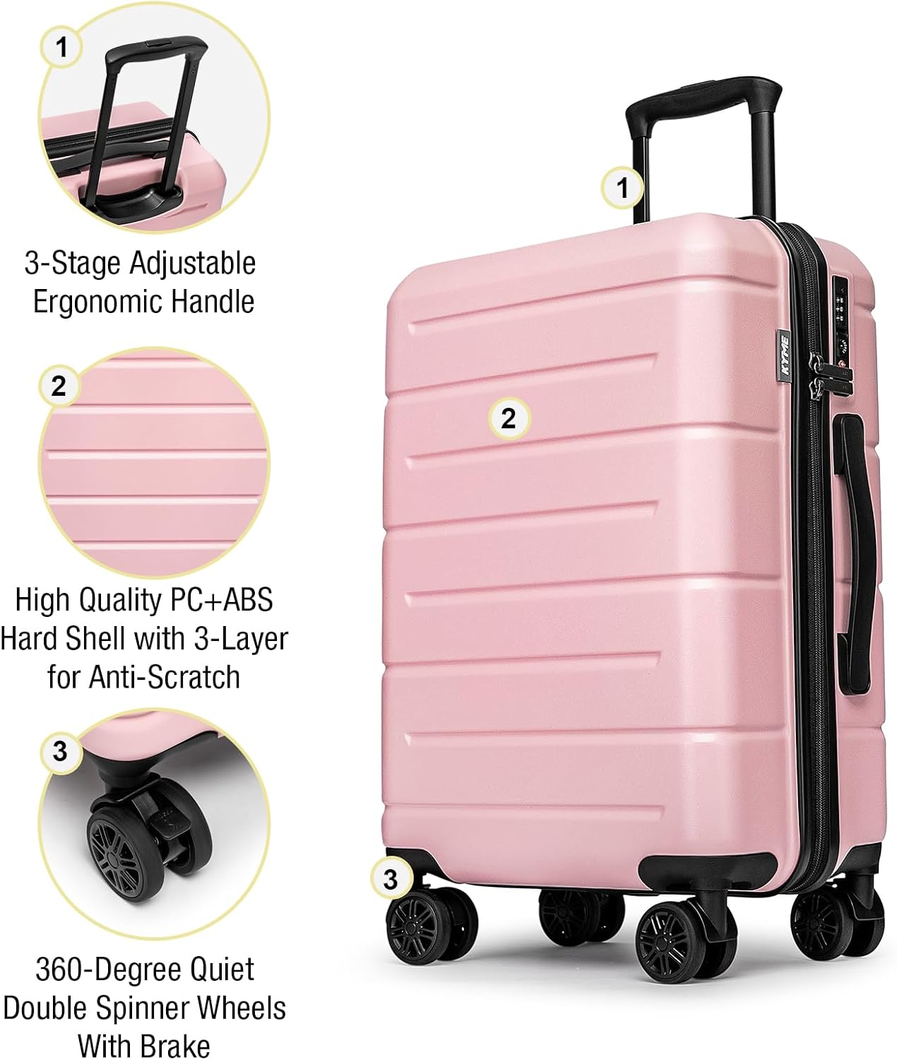 KYME Pink Hardside Carry On Luggage 22x14x9 Airline Approved with TSA Lock Hardshell Carry-On Suitcase with Wheels Travel Rolling 22 inch Luggage with Cup Holder for Women