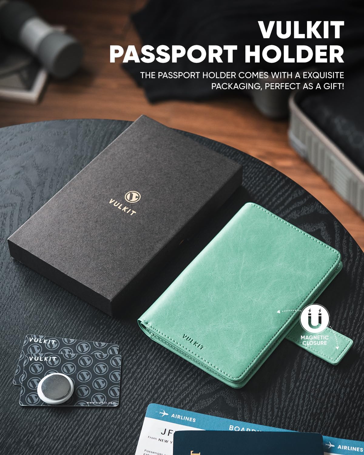 VULKIT Passport Holder with Airtag Holder RFID Blocking Passport Wallet Travel Leather Passport for Women(Mint Green)