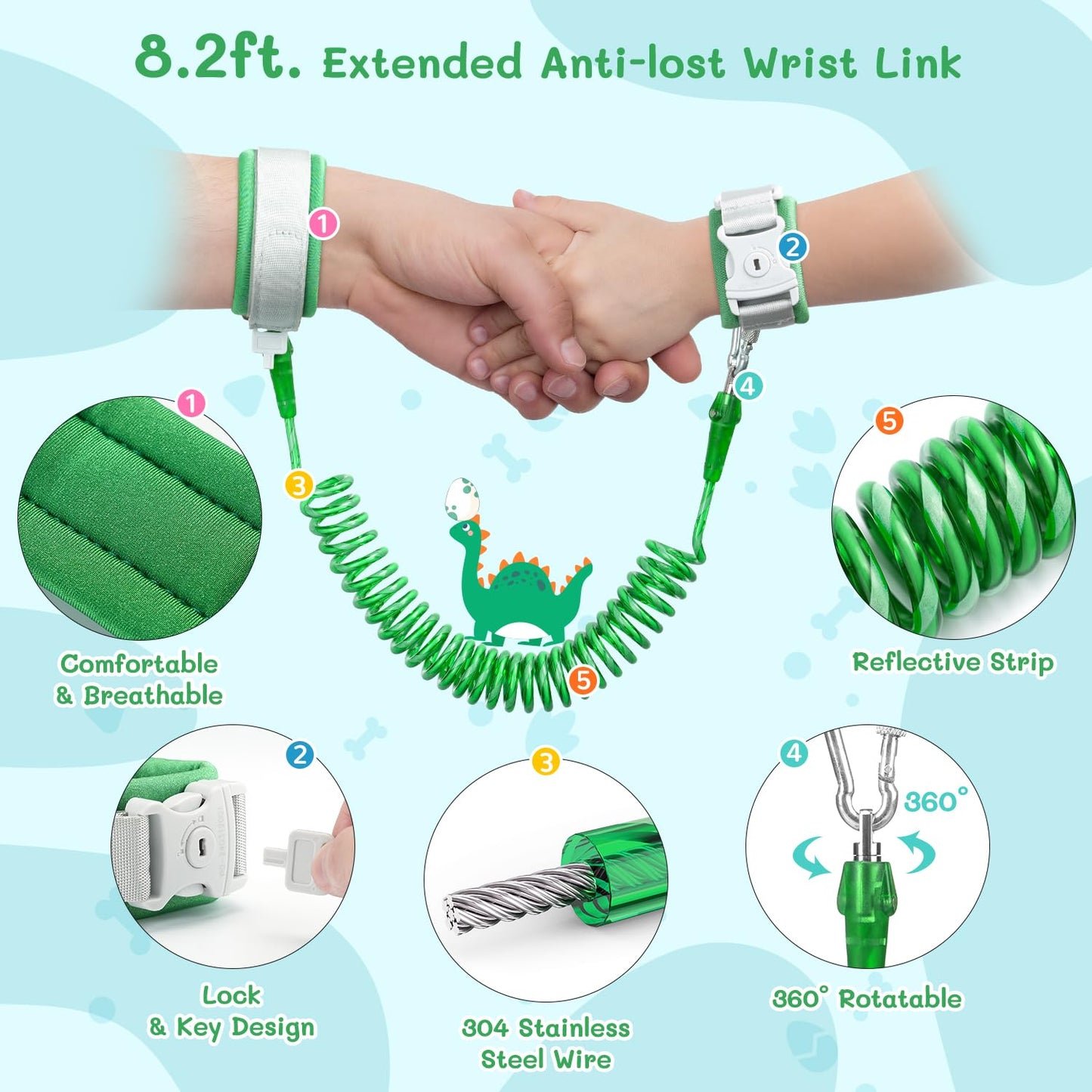 Dr.meter 3 in 1 Toddler Harness Leash + 8.2ft Anti Lost Wrist Link, Cute Dinosaur Kids Safety Harness Tether with Key Lock, Child Protective Leashes While Walking for Outdoor Activity Keep Kids Close